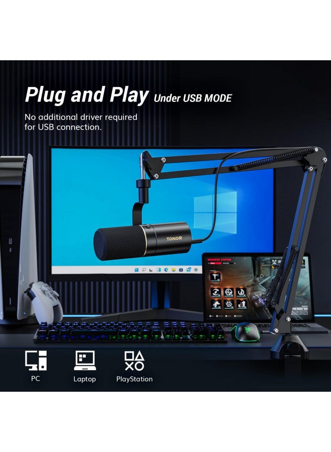 TONOR ميكروفون تونور الديناميكي، ميكروفون USB/XLR لجهاز الكمبيوتر مع حامل ذراع متحرك للبودكاست، التسجيل، البث المباشر والألعاب، ميكروفون استوديو XLR كارديويد للموسيقى والتعليق الصوتي مع جاك سماعات 3.5 مم، TD510+ - Image 2