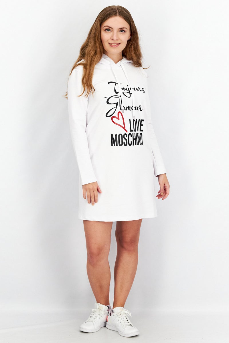 Love Moschino Women Hooded Graphic Print Dress, White  - Image 1