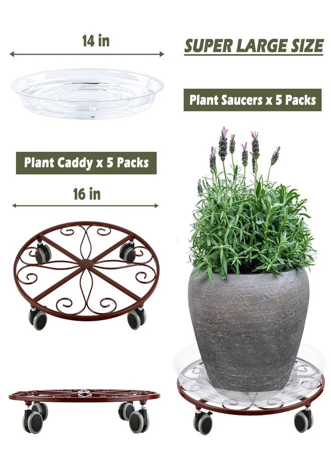 Planterhoma 5 Pack Plant Caddy with Wheels Heavy Duty 16 Inch Large Metal Plant Stand with Wheels Plant dolly Rolling Plant Stand Plant Roller with Casters for Indoor and Outdoor with 5 Pack Plant Saucers, Bronze - Image 3
