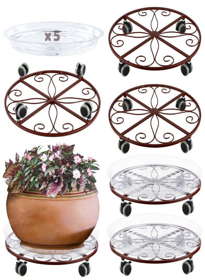 Planterhoma 5 Pack Plant Caddy with Wheels Heavy Duty 16 Inch Large Metal Plant Stand with Wheels Plant dolly Rolling Plant Stand Plant Roller with Casters for Indoor and Outdoor with 5 Pack Plant Saucers, Bronze - Image 1