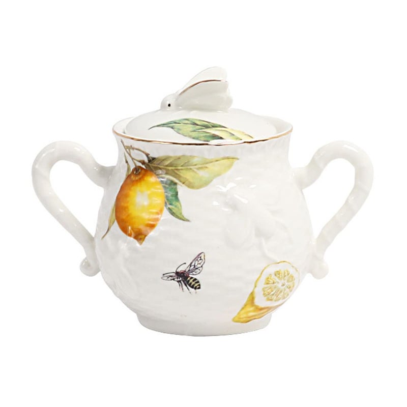 Sizikato Porcelain Sugar Bowl with Lid 10oz Sugar Service Bowl for Tea Coffee Milk Lemon and Bee Pattern