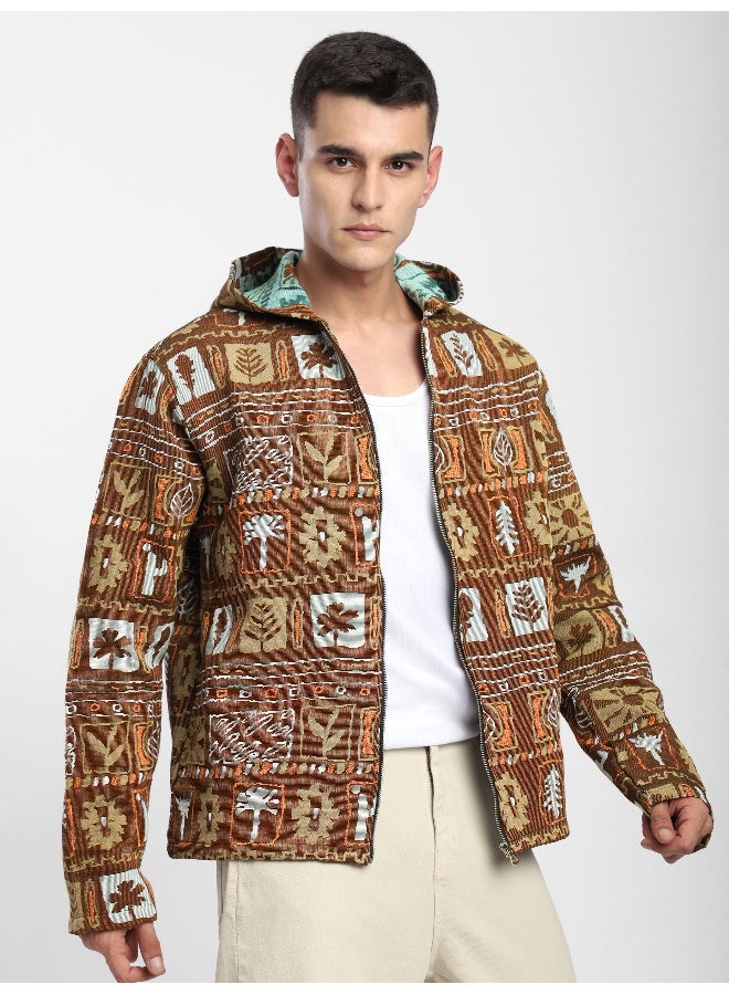 Beyoung Brown Geometric Floral Print Hoodie Shacket  - Image 5