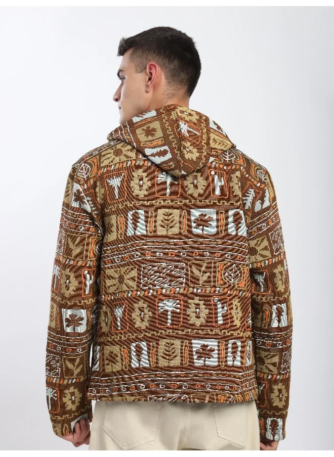 بيونغ Brown Geometric Floral Print Hoodie Shacket