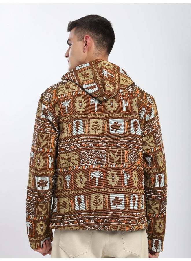 Beyoung Brown Geometric Floral Print Hoodie Shacket  - Image 2