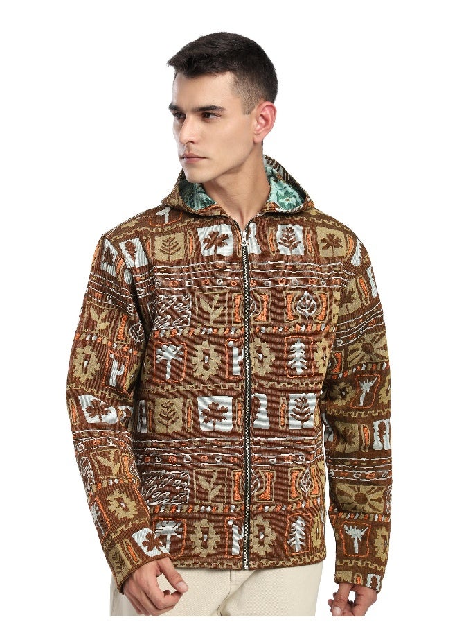 Beyoung Brown Geometric Floral Print Hoodie Shacket  - Image 1