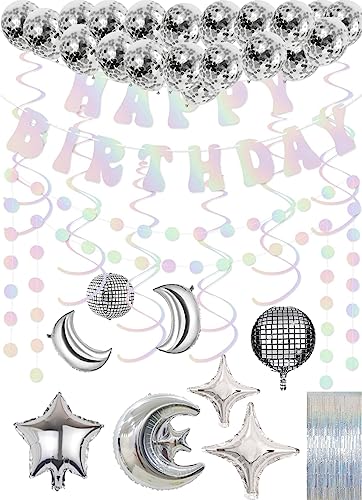 Vintend Disco Party Decorations Iridescent Happy Birthday Banner Cute Foil Birthday Sign Hanging Streamer Balloon for 60s 70s 80s Women Men Cool Retro Boogie Disco Dancing Bachelorette Indoor Home Decor - Image 1
