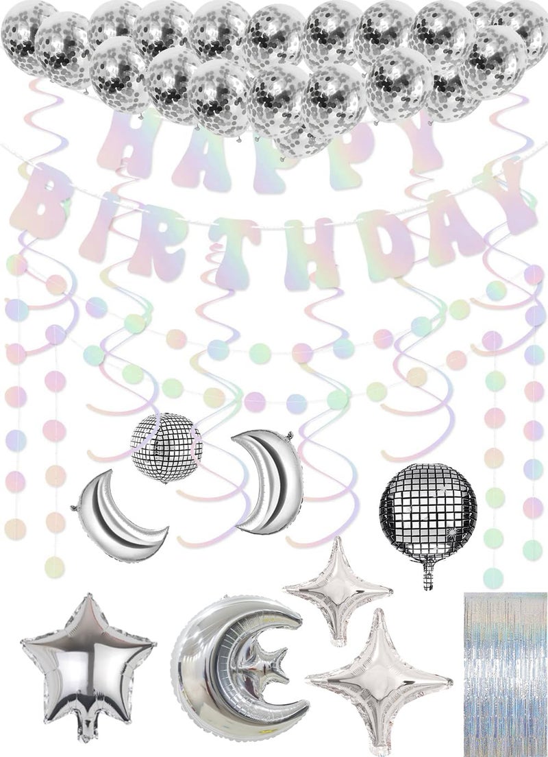 Vintend Disco Party Decorations Iridescent Happy Birthday Banner Cute Foil Birthday Sign Hanging Streamer Balloon for 60s 70s 80s Women Men Cool Retro Boogie Disco Dancing Bachelorette Indoor Home Decor - Image 2