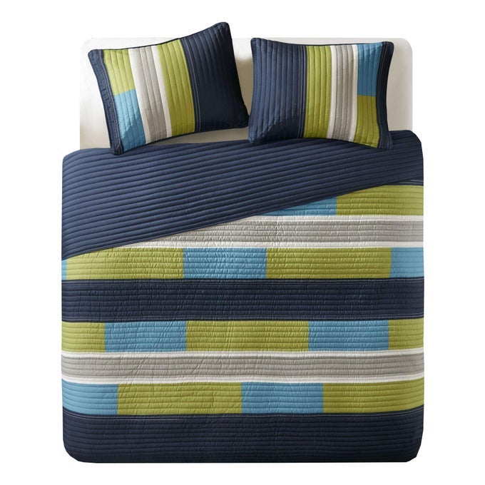 CS140861 2 PIECE QUILT COVERLET BEDSPREAD ALL SEASON LIGHTWEIGHT HYPOALLERGENIC PIPELINE COLORBLOCK KIDS BEDDING SET TWINTWIN XL PIERRE NAVYBLUE STRIPE