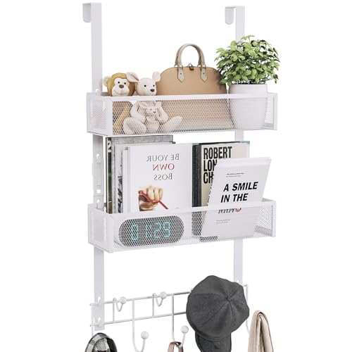 Consumest Over The Door Organizer Hooks Door Hanger with 9 Coat Hooks 2 Mesh Basket Rustproof Back Storage Organizer for Bathroom Kitchen BedroomWhite for 176in Doors