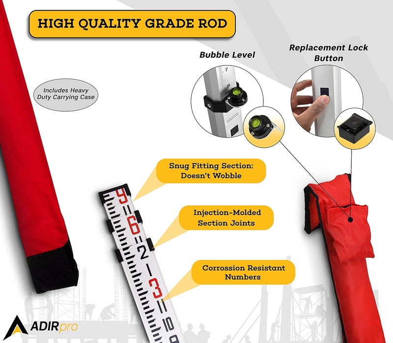 AdirPro 9-Foot Aluminum Grade Rod – 8ths, Dual Sided 5-Section Telescopic Leveling Rod – Bubble Level and Soft Carrying Case Included - Image 3