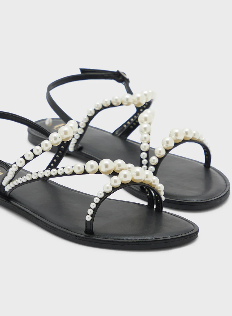 ELLA Pearl Detail Backstrap Flat Sandal
