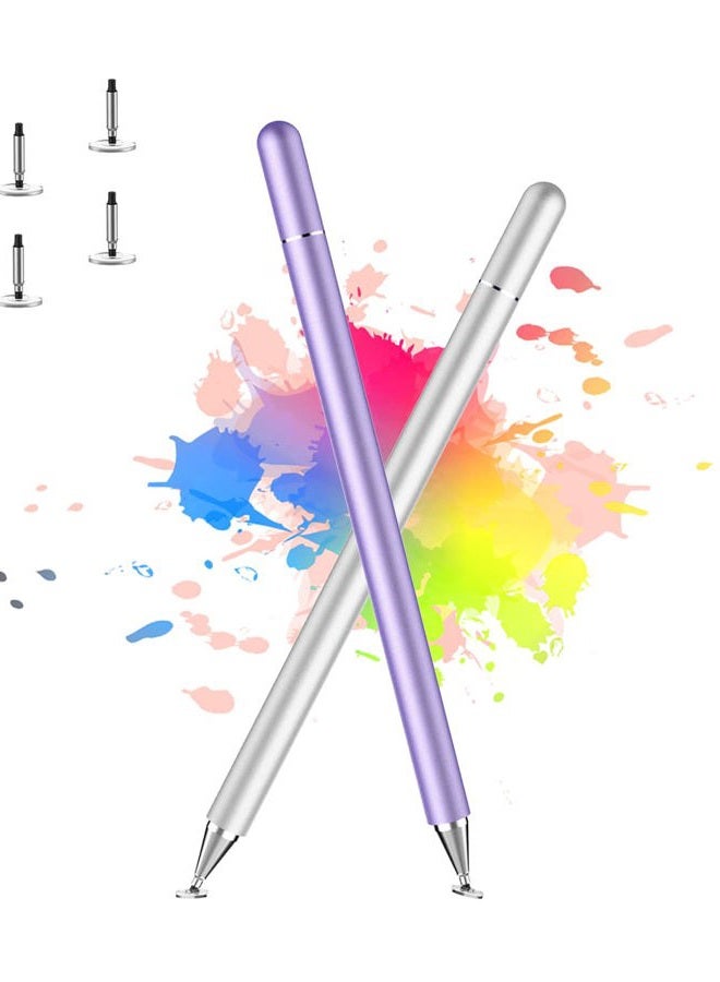 Luntak Stylus Pen for iPad, Stylus Pens for Apple/iPhone/Ipad pro/Mini/Air/Android/Microsoft/Surface All Capacitive Touch Screens Universal with 4 Replacement Tips (2 Pcs, Purple and Silver) - Image 1