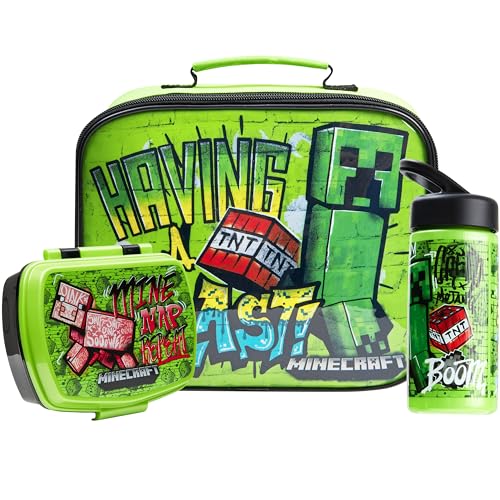 Minecraft Lunch Box with Water Bottle and Insulated Lunch Bag Set for Kids 3 Piece Gamer Snacks Bag Leakproof Bottle Creeper TNT Gifts for Kids