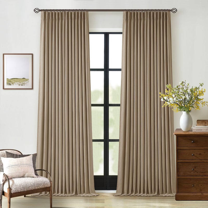 TWODRAPES Tan Brown Pleated Linen Blackout Curtains 90 Inches Long for Bedroom Living Room Pinch Pleat Black Out Thermal Insulated Ring Hooks Back Tab Room Darkening Drapes Coffee Color Curtains with Liner - Image 1