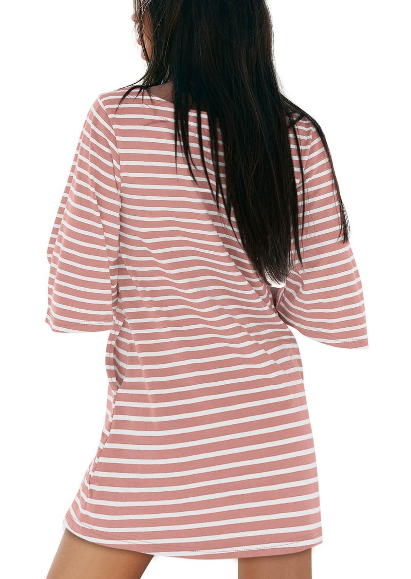 Yousify Summer Dresses for Women 2026 Loose Short Sleeve T Shirt Dress Pink and White Striped Dress with Pockets - Image 4