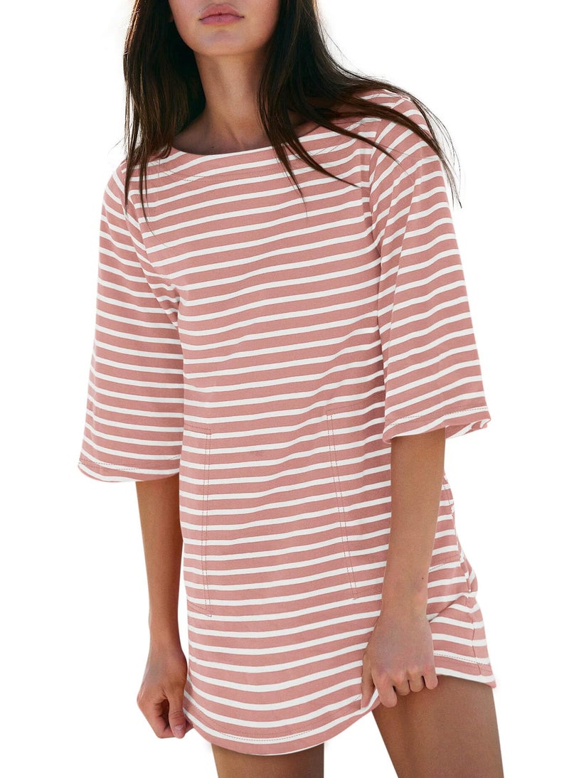 Yousify Summer Dresses for Women 2026 Loose Short Sleeve T Shirt Dress Pink and White Striped Dress with Pockets - Image 1