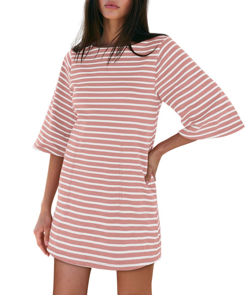 Yousify Summer Dresses for Women 2026 Loose Short Sleeve T Shirt Dress Pink and White Striped Dress with Pockets - Image 2