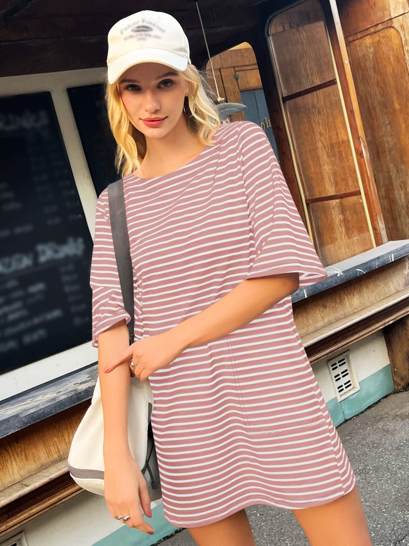 Yousify Summer Dresses for Women 2026 Loose Short Sleeve T Shirt Dress Pink and White Striped Dress with Pockets - Image 3