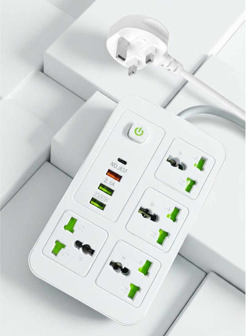 موزع طاقة بأربعة منافذ تيار متردد، وثلاثة منافذ USB-A، ومنفذ USB-C بتقنية الشحن السريع، وواقي من زيادة التيار، وسلك تمديد بطول مترين، وقدرة 2500 واط.