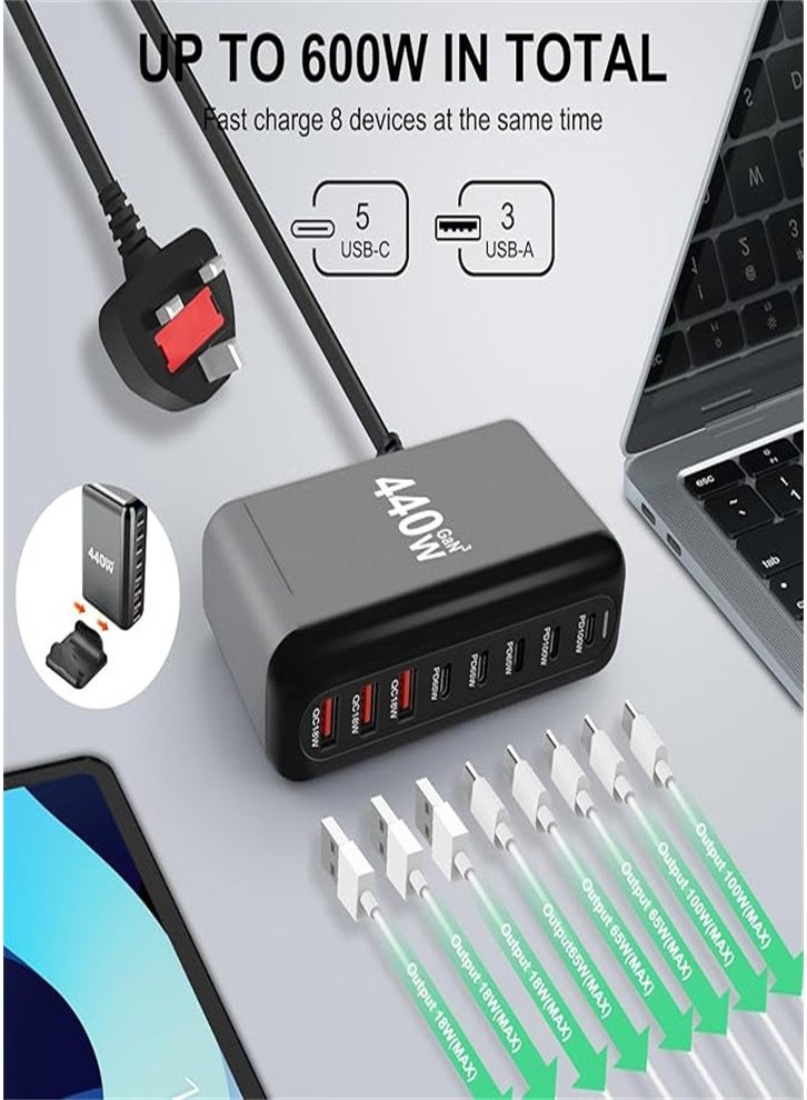 440W USB A&USB C Charger 8 Ports Fast Charging Wall Plug Multi-Port Desktop Charging Station Power Adapter Laptop Charger with 1.5m Power Cord Black - Image 3