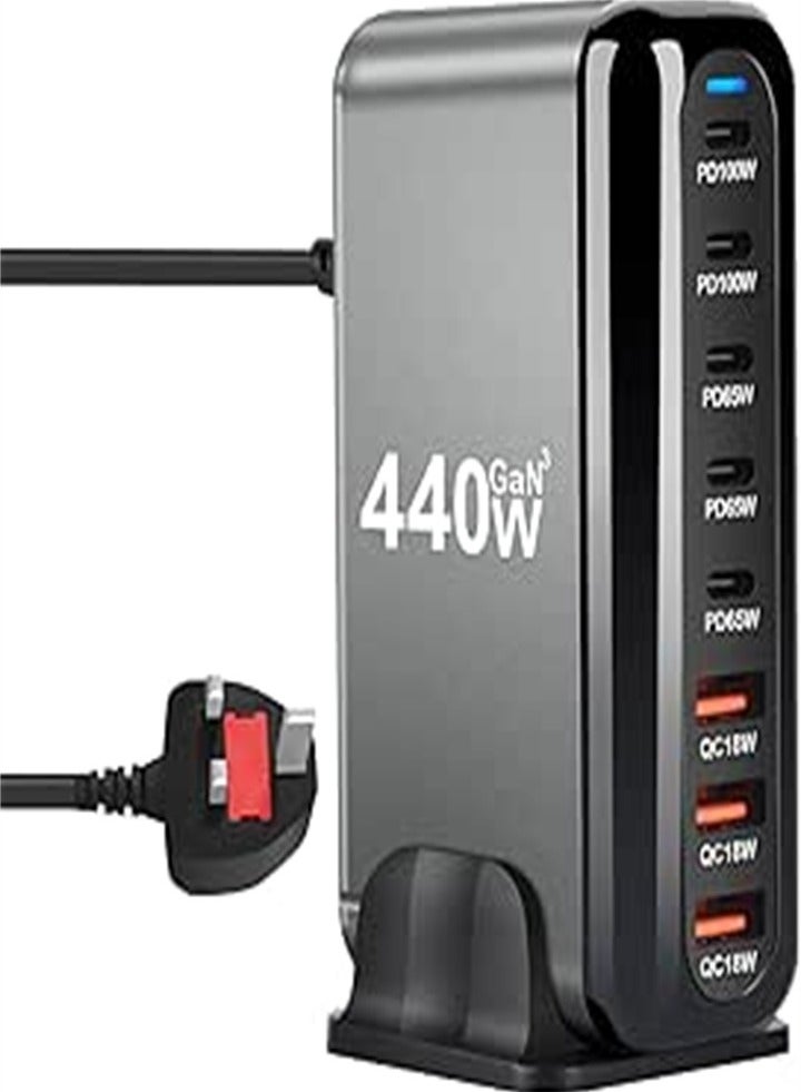 440W USB A&USB C Charger 8 Ports Fast Charging Wall Plug Multi-Port Desktop Charging Station Power Adapter Laptop Charger with 1.5m Power Cord Black - Image 1