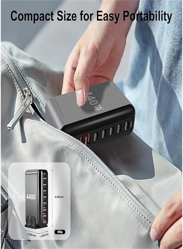 440W USB A&USB C Charger 8 Ports Fast Charging Wall Plug Multi-Port Desktop Charging Station Power Adapter Laptop Charger with 1.5m Power Cord Black - Image 2