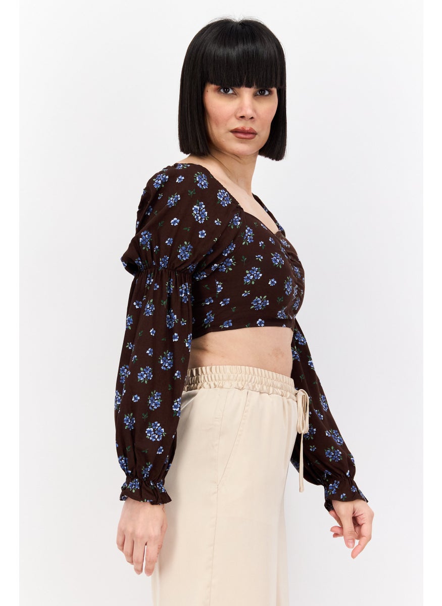 MONKI Women Square Neck Long Sleeves Floral Printed Top, Brown Combo  - Image 2