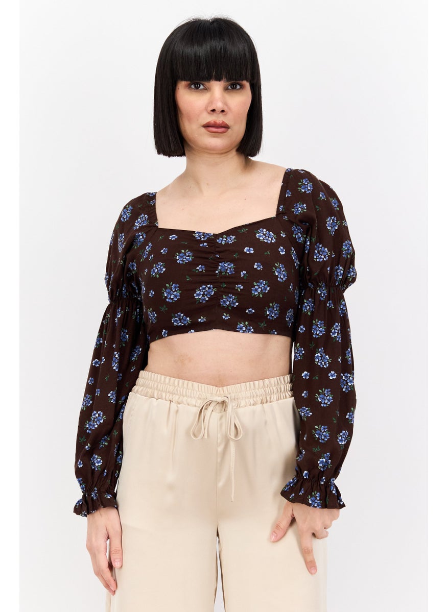 MONKI Women Square Neck Long Sleeves Floral Printed Top, Brown Combo  - Image 1