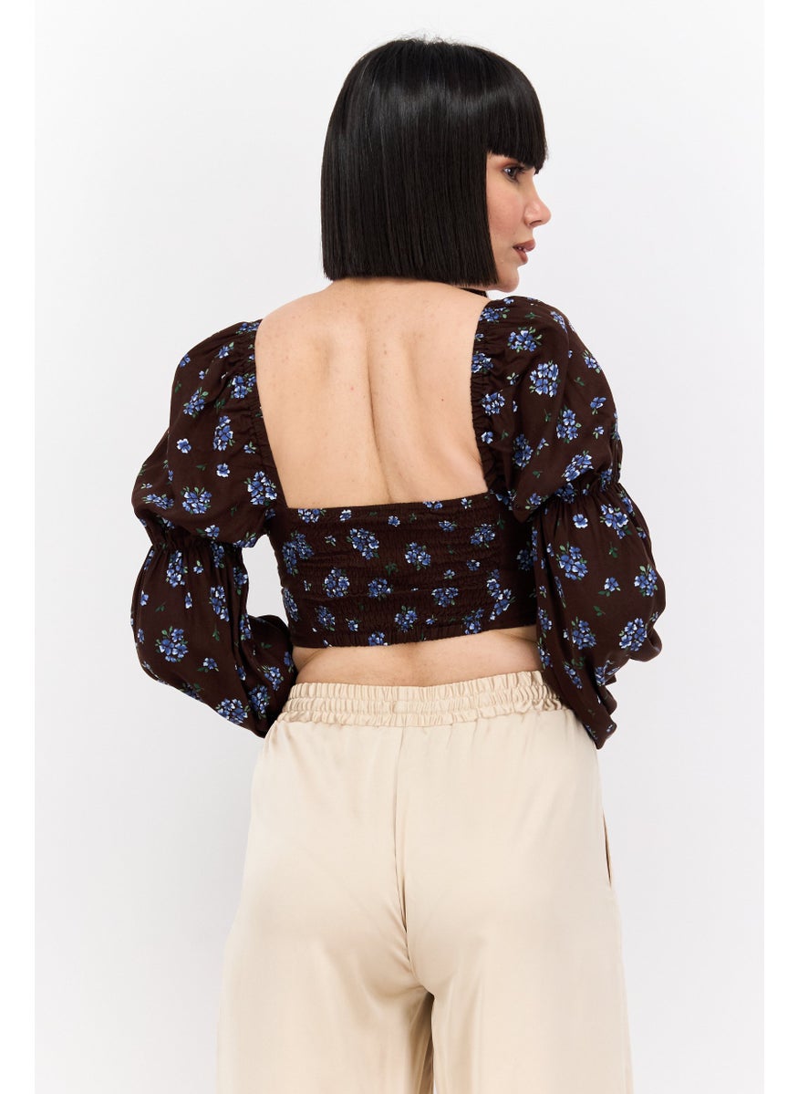MONKI Women Square Neck Long Sleeves Floral Printed Top, Brown Combo  - Image 3