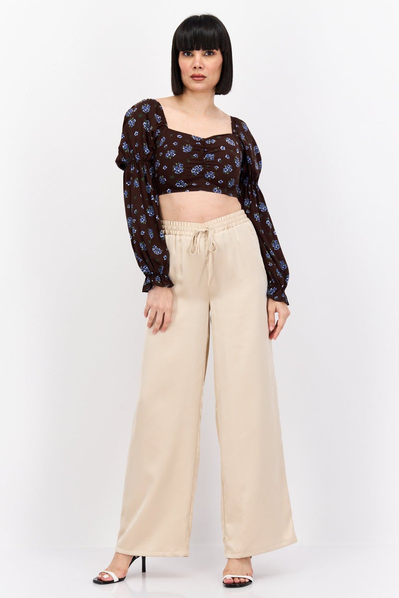 MONKI Women Square Neck Long Sleeves Floral Printed Top, Brown Combo - Image 4