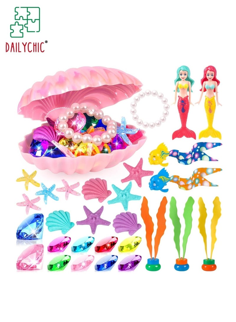 DAILYCHIC 31Pcs Mermaid Diving Pool Toys, Swimming Toys with Shell Treasure Chests and Storage Bag, Swimming Pool Games Summer Water Toys Gift Set for Kids Toddlers Girls Boys - Image 1