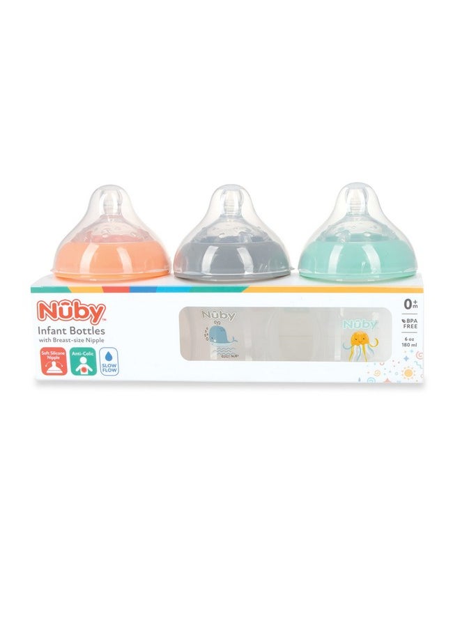 Nuby Nuby 3-Pack Infant Feeding Bottles with Slow Flow Breast Size Silicone Nipple: 0+ Months, 6oz, 3 Pack Set: Delicate Whale, Jellyfish, Turtle Prints  - Image 4
