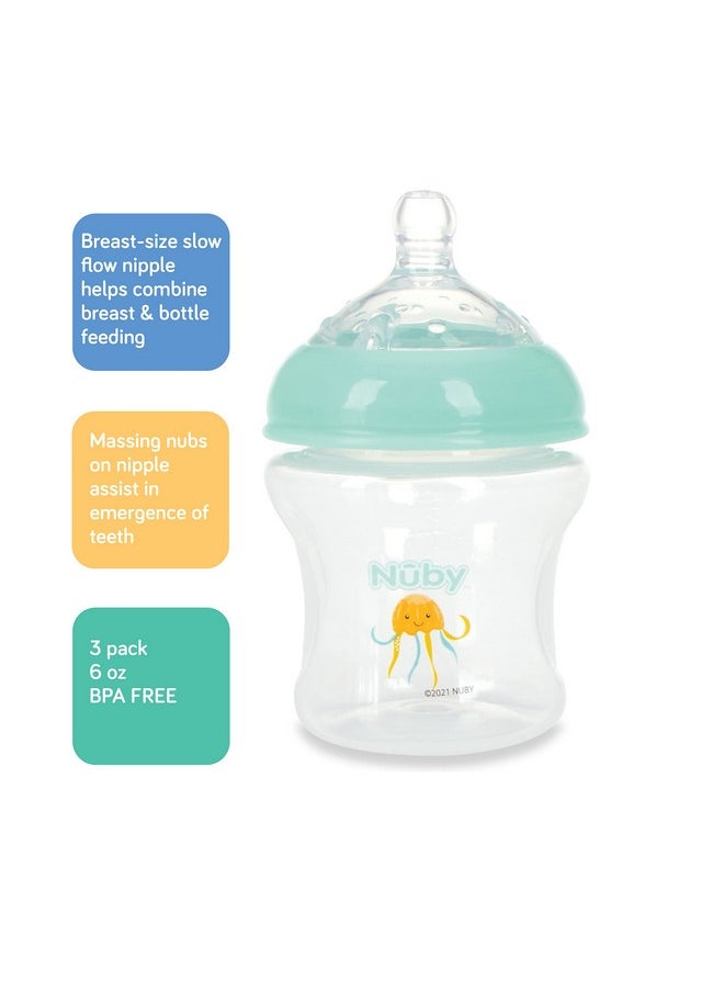 Nuby Nuby 3-Pack Infant Feeding Bottles with Slow Flow Breast Size Silicone Nipple: 0+ Months, 6oz, 3 Pack Set: Delicate Whale, Jellyfish, Turtle Prints  - Image 1