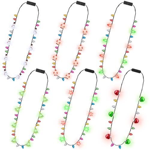 Traplace 6PCS Light Up Christmas Necklaces 3 Glow Modes Multicolor Xmas Accessories Santa Claus Snowman Designs Christmas Necklace Wearable Party Favors for Xmas Theme Party Supplies Ugly Sweater Decor - Image 1