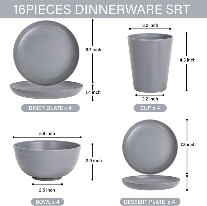 LIYH Love in your heart LIYH 16 Pcs Grey Wheat Straw Dinnerware Sets Unbreakable Dinnerware Sets for 4 Plates and Bowls Set Plastic Plates Reusable Straw Tableware Dish Set for 4 Include Plate Bowl Cup - Image 2