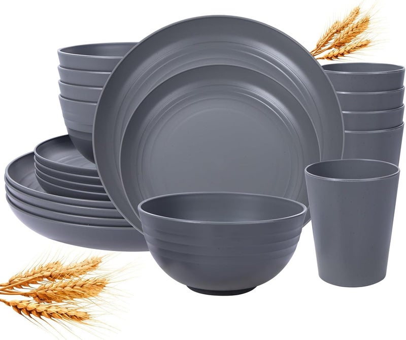 LIYH Love in your heart LIYH 16 Pcs Grey Wheat Straw Dinnerware Sets Unbreakable Dinnerware Sets for 4 Plates and Bowls Set Plastic Plates Reusable Straw Tableware Dish Set for 4 Include Plate Bowl Cup - Image 1