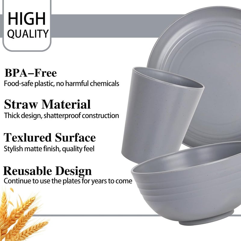 LIYH Love in your heart LIYH 16 Pcs Grey Wheat Straw Dinnerware Sets Unbreakable Dinnerware Sets for 4 Plates and Bowls Set Plastic Plates Reusable Straw Tableware Dish Set for 4 Include Plate Bowl Cup - Image 3
