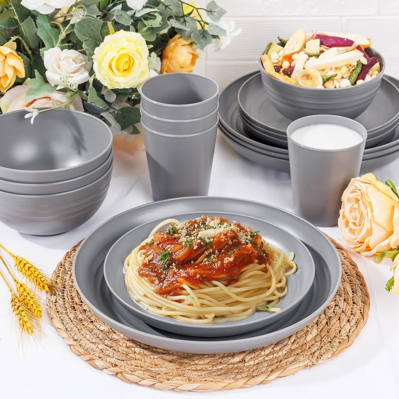 LIYH Love in your heart LIYH 16 Pcs Grey Wheat Straw Dinnerware Sets Unbreakable Dinnerware Sets for 4 Plates and Bowls Set Plastic Plates Reusable Straw Tableware Dish Set for 4 Include Plate Bowl Cup - Image 5