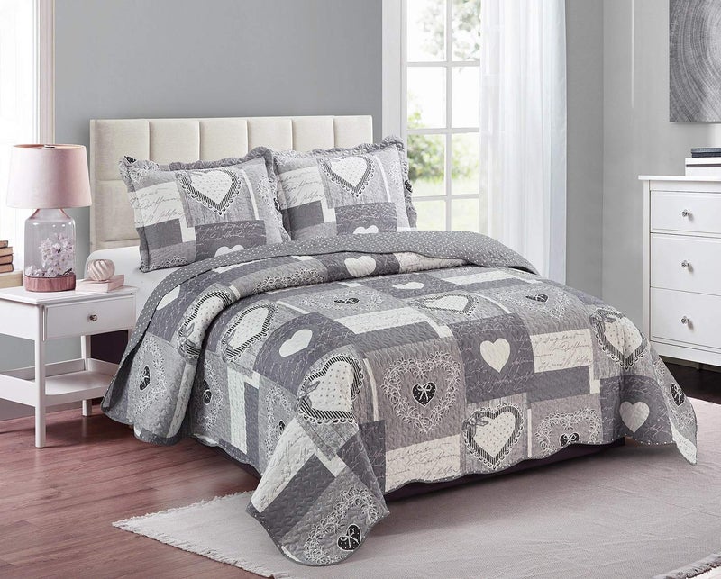 Brilliant Sunshine Brilliant Sunshine Heart Love Quilt Set 3Piece Bedding Sets with 2 Shams Patchwork Design Washable and Reversible Bedspread Soft Lightweight Coverlet AllSeason FullQueen Grey 