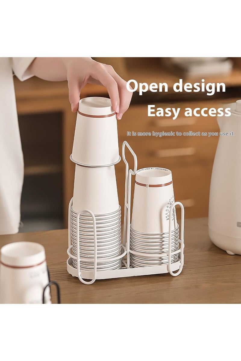 Metal Bathroom Cup Dispenser, Double  Cup Holder with Handle, Countertop Cup Storage Organizer,  Paper Cup Holder for Home (White) - Image 2