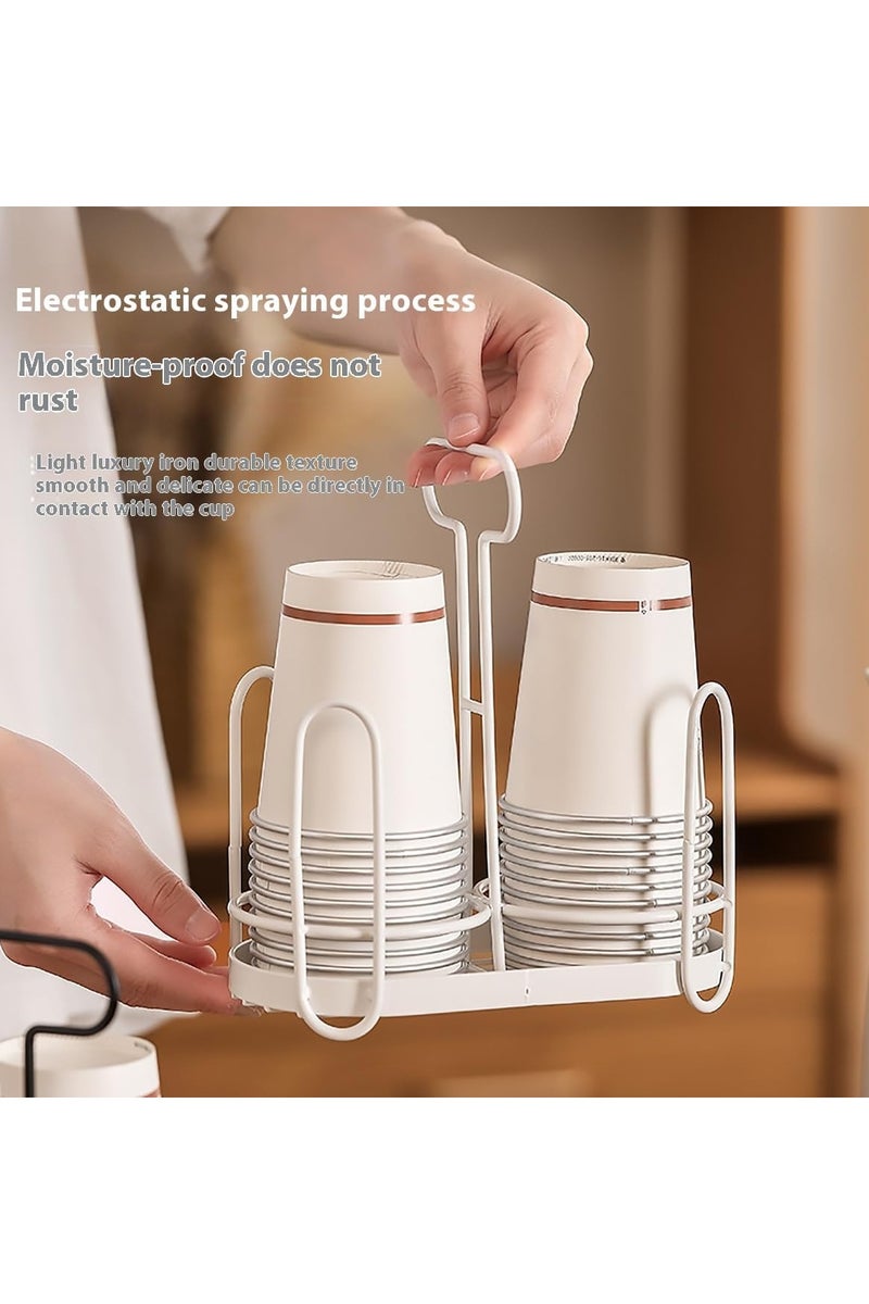 Metal Bathroom Cup Dispenser, Double  Cup Holder with Handle, Countertop Cup Storage Organizer,  Paper Cup Holder for Home (White) - Image 3