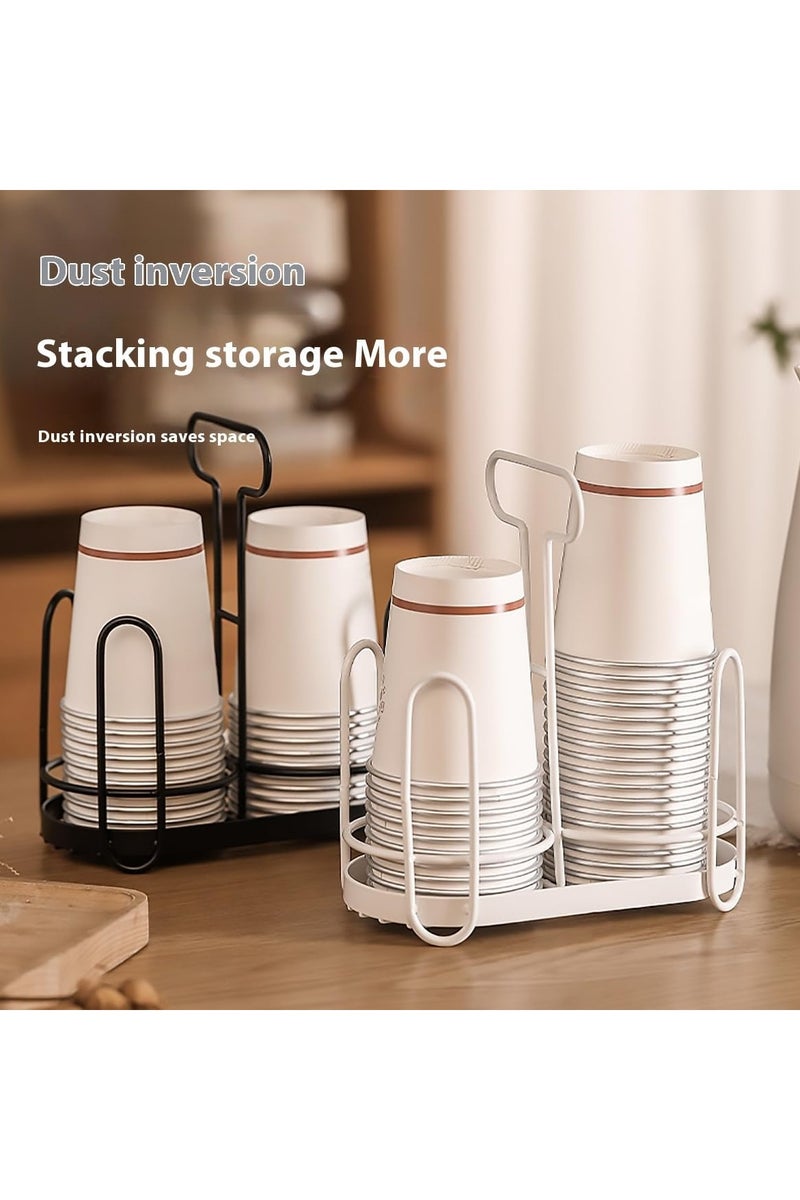 Metal Bathroom Cup Dispenser, Double  Cup Holder with Handle, Countertop Cup Storage Organizer,  Paper Cup Holder for Home (White) - Image 4