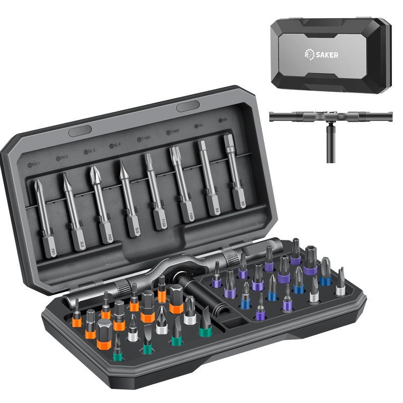 Saker 42 in 1 Magnetic Screwdriver Set, Multi Bit Free Combination Ratchet Screwdriver Set Portable Repair Tool Kit for Gifts Furniture, Computer, Bicycle and DIY Grey - Image 1