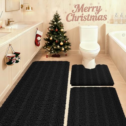 ACCUMTEK Striped Black Bathroom Rug Set 3 Pieces Ultra Soft, Non Slip Chenille Toilet Mat, Absorbent Plush Shaggy Bath Mats for Bathroom, Bedroom, Kitchen - Image 1