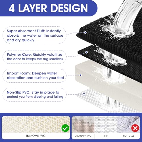 ACCUMTEK Striped Black Bathroom Rug Set 3 Pieces Ultra Soft, Non Slip Chenille Toilet Mat, Absorbent Plush Shaggy Bath Mats for Bathroom, Bedroom, Kitchen - Image 4