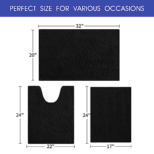 ACCUMTEK Striped Black Bathroom Rug Set 3 Pieces Ultra Soft, Non Slip Chenille Toilet Mat, Absorbent Plush Shaggy Bath Mats for Bathroom, Bedroom, Kitchen - Image 5