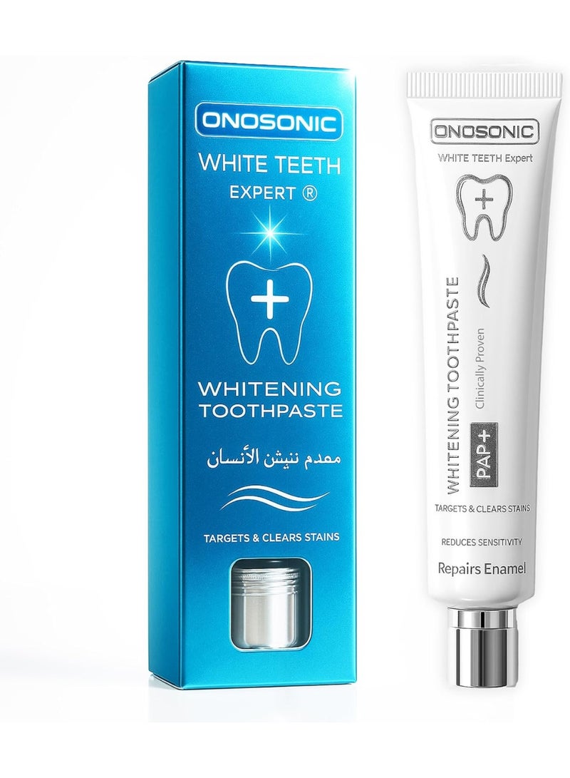 ONOSONIC White Teeth Expert PAP+ Toothpaste – Supreme Whitening Toothpaste for Deep Stain Removal, Enamel Strengthening & Long-Lasting Fresh Breath | Gentle Daily Formula for Whiter, Healthier Teeth