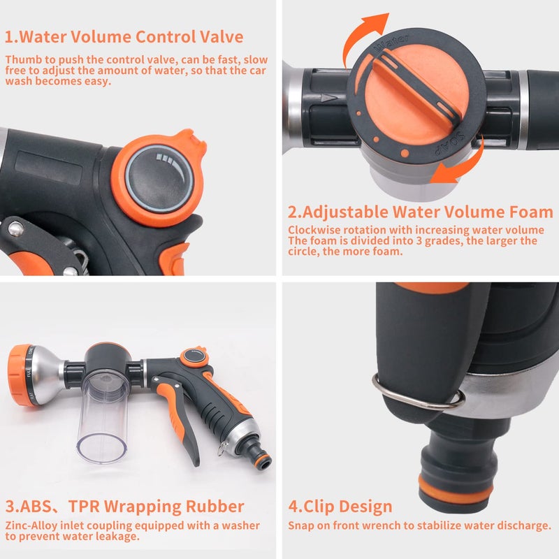 Hongmai Garden Hose Nozzle,8 Patterns Hose Sprayer High Pressure,Heavy Duty Dog Wash,Metal Water Hose Nozzle with Soap Dispenser,Car Wash Foam Gun - Image 5