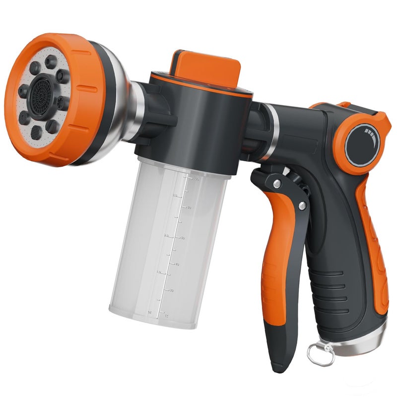 Hongmai Garden Hose Nozzle,8 Patterns Hose Sprayer High Pressure,Heavy Duty Dog Wash,Metal Water Hose Nozzle with Soap Dispenser,Car Wash Foam Gun - Image 1