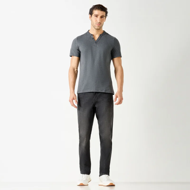 Splash FAV Solid Henley Neck T-shirt with Short Sleeves